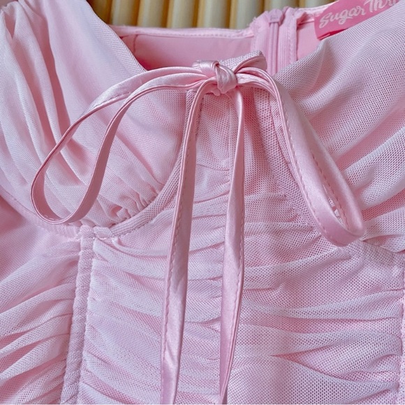Sugar thrillz mesh puff sleeve ruched mini dress pink dolls kill - Picture 3 of 8